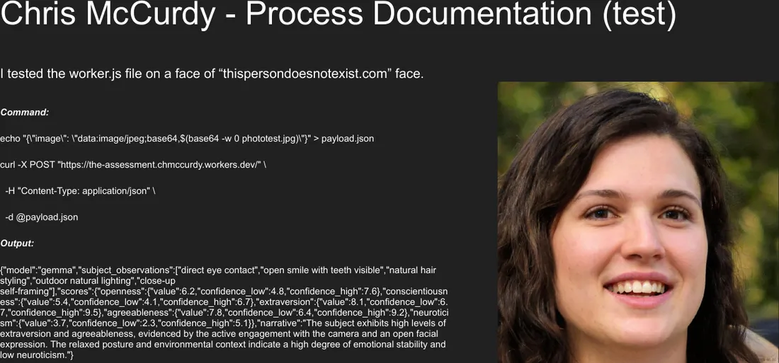 The Assessment, tested from the command line: a single photo is POSTed to the Cloudflare Worker, which calls an NRP-hosted model and returns Big Five (OCEAN) scores with confidence intervals and a clinical narrative.