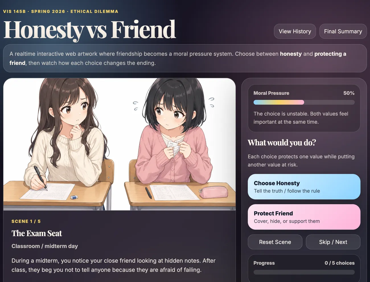 Honesty vs Friend — warm, hand-drawn student art (extended with AI assistance, by the artist&#x27;s own account) frames five everyday scenarios that pit honesty against loyalty.