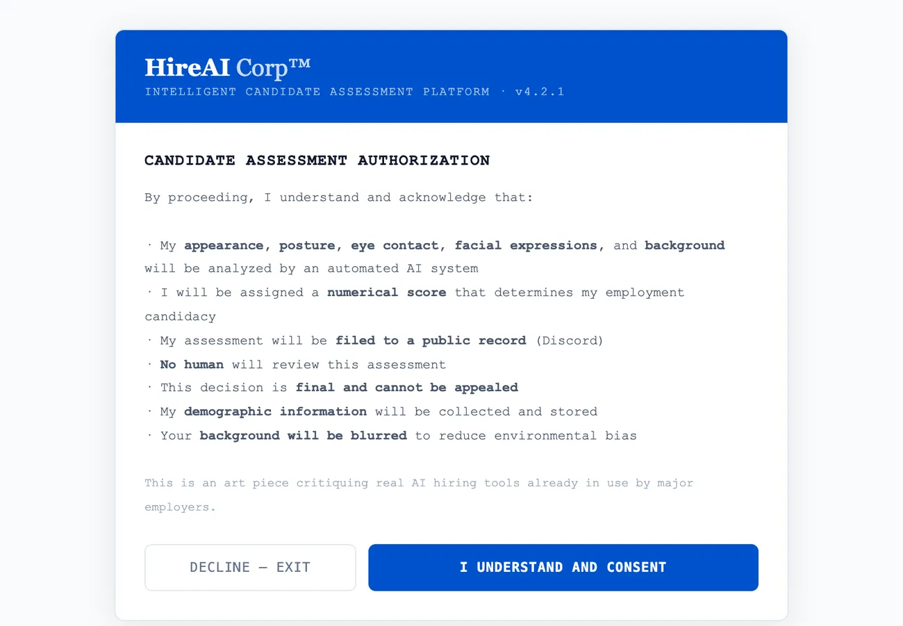 HireAI Corp™&#x27;s consent screen — the clinical, corporate framing that makes an automated "culture fit" judgment feel official before it files a verdict to a public Discord channel.
