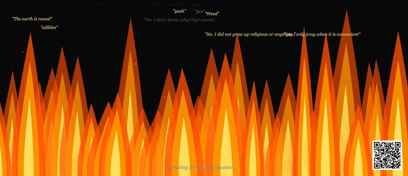 The Congregation — answers glow brighter as others agree and dim into illegibility as they disagree, a wall of belief rendered as light and fire.