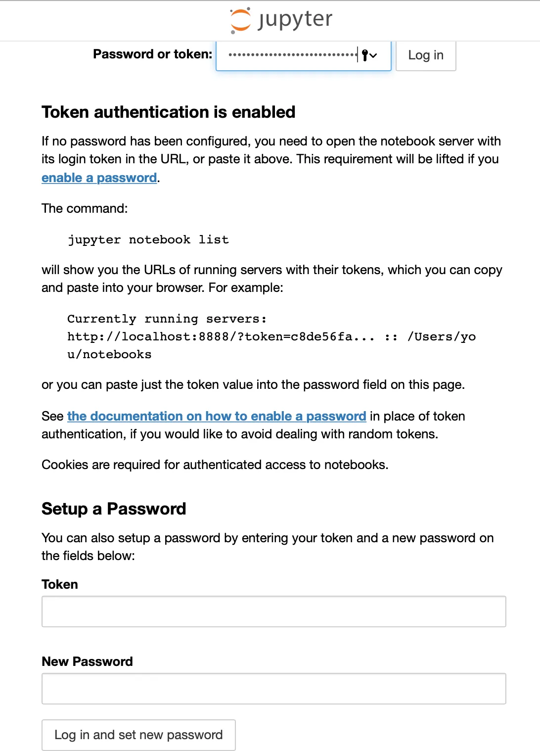 The Jupyter sign-in page, asking for a password or token