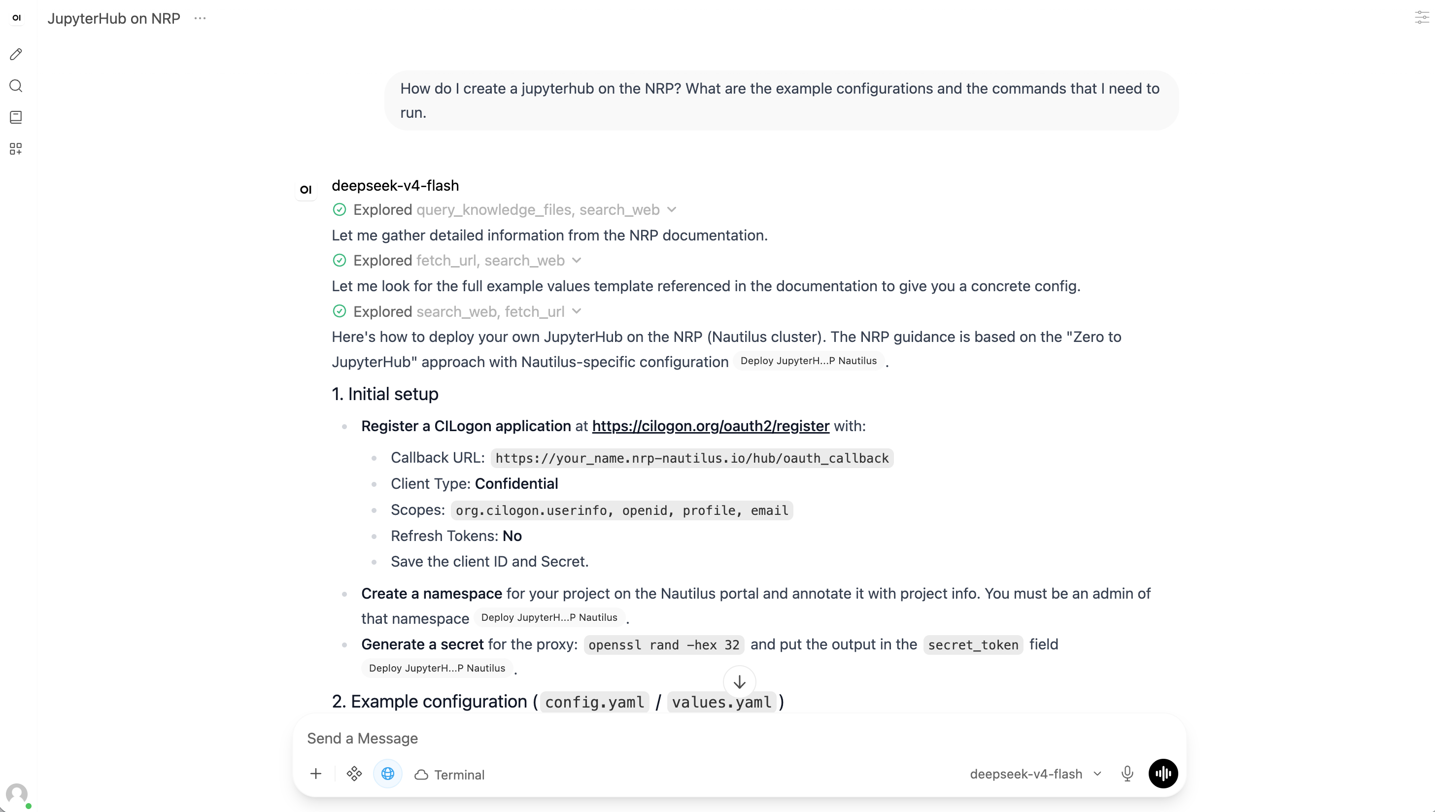 The Open WebUI chat interface hosted on the NRP: deepseek-v4-flash answers a question about deploying JupyterHub, having searched the NRP documentation, and lists the CILogon setup steps